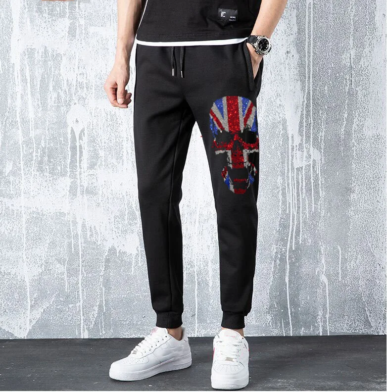 

Men's Rhinestones Skull Anime Graphic Slim Fit Streetwear Pants High Quality Fashion Trousers