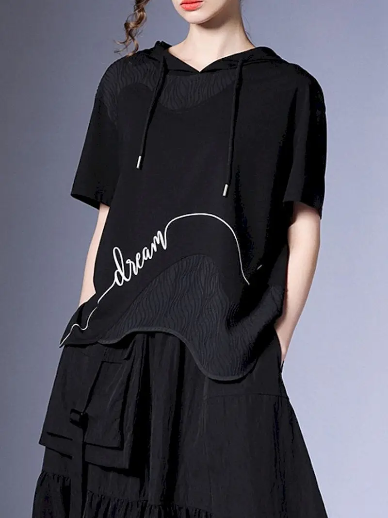 Hooded T-shirts for Women Summer Trend Short Sleeve T Shirt Oversized Loose Irregular Personalized Versatile Casual Fashion Tees