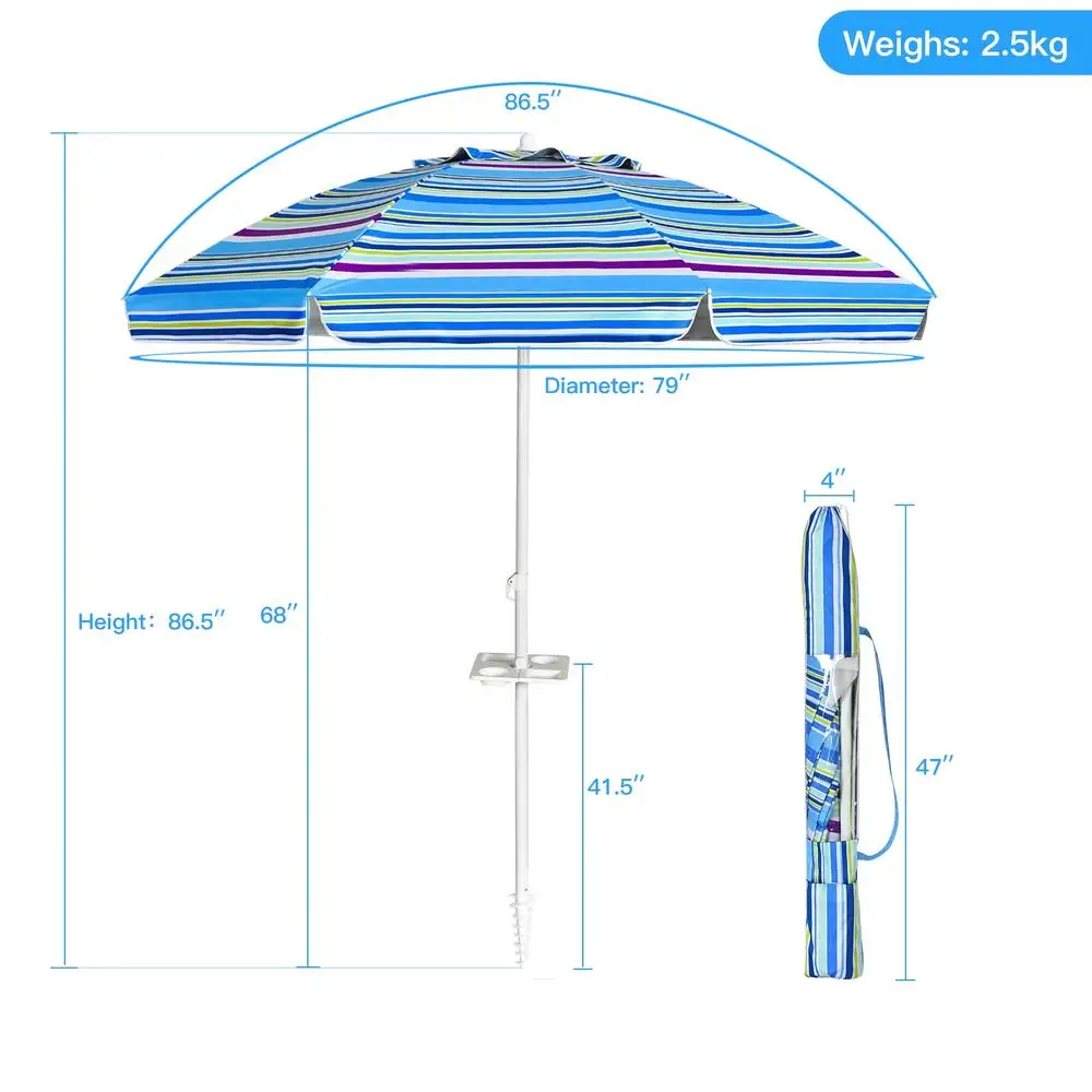 7.2 Ft Portable Beach Umbrella With Sand Anchor, Tilt Mechanism And Vent, Polyester Sun Shade For Outdoor Patio Poolside, Blue