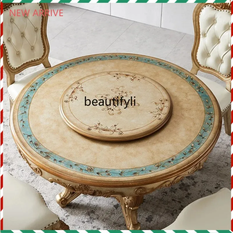 

D2520 Solid Wood European Style Rotating Dining Table and Chair Set Round Dining Table with Turntable French Style Painted Table