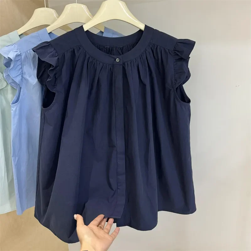 Designed Sweet Babydoll Shirt with Flying Sleeves Solid Color Round Neck Shirt for Women Summer Sleeveless Chic Top for Women