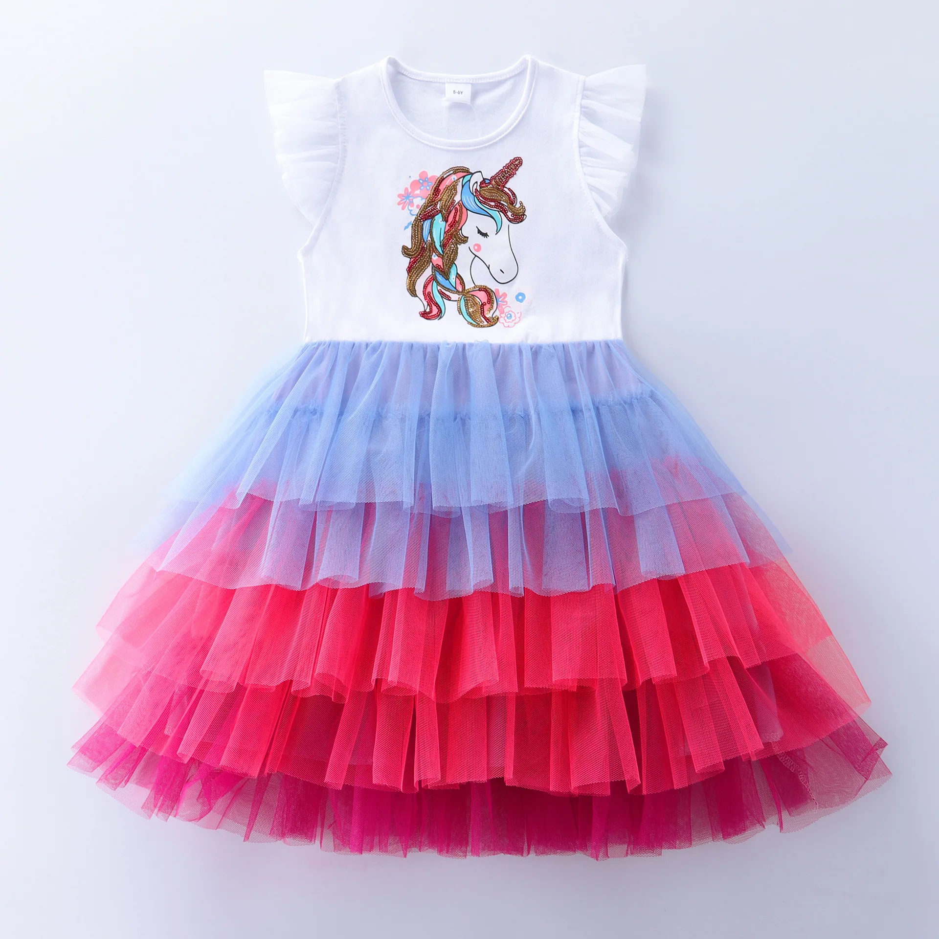 Girl Mesh Princess Dress Cartoon Unicorn Embroidery Party Wear SH1698