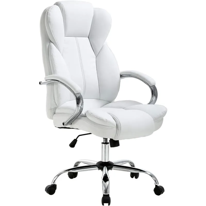 Ergonomic office chair, PU leather computer chair, rolling swivel chair with lumbar support for women and men, white