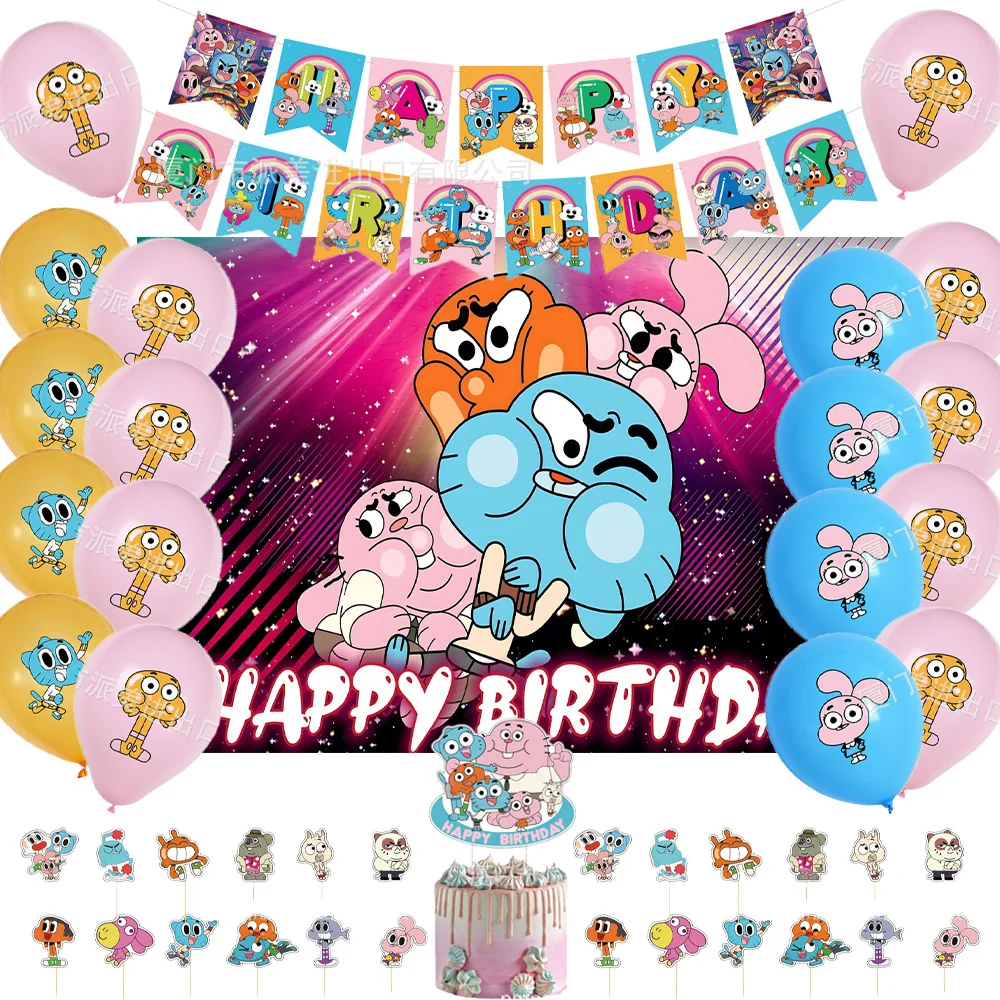 

Cartoon Amazing World Birthday Party Decorations Gum&balles Balloon Banner Cake Topper Rabbit Cat Anime Backdrop Kid Favor Gift