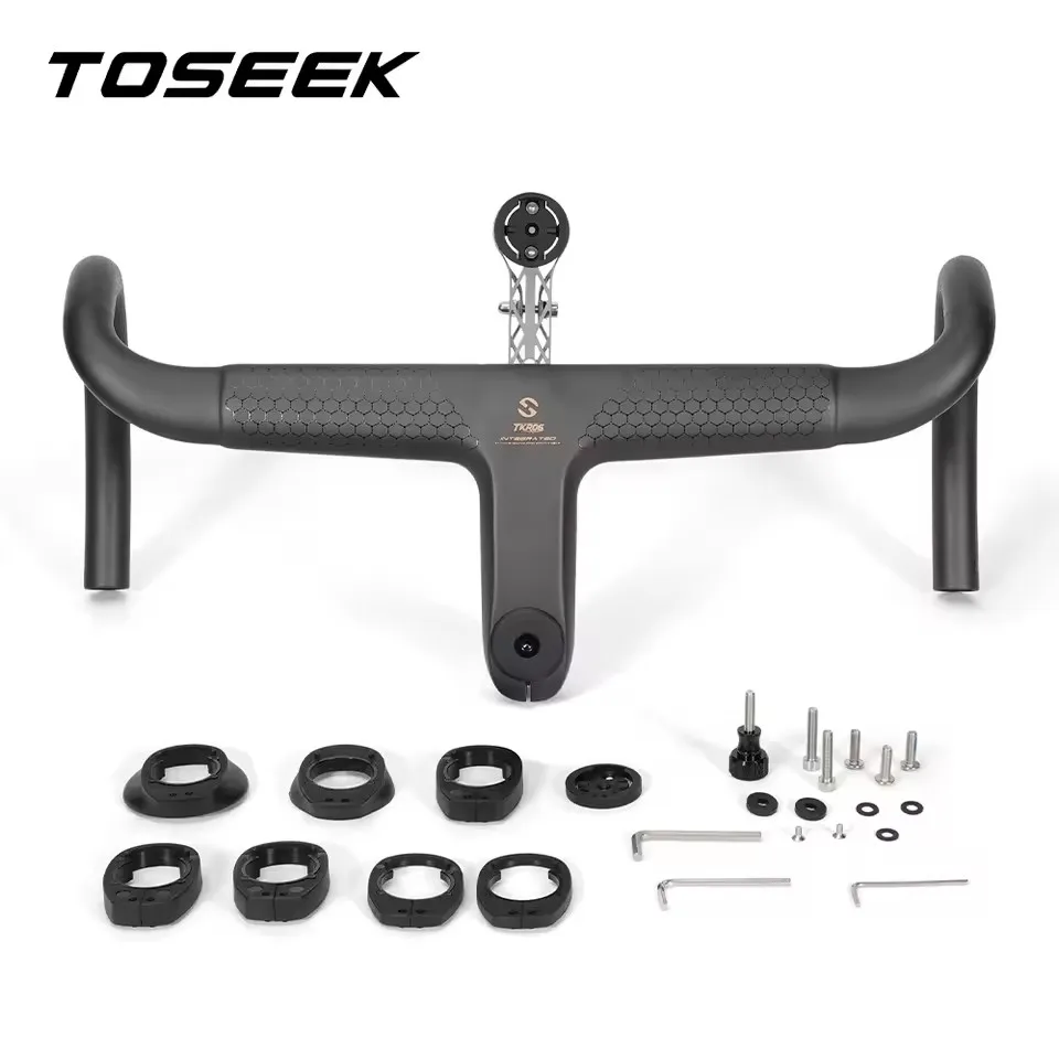 Manillar Integrado para Bicicleta de Carretera TOSEEK TKR06 T800 de Carbono con Soporte para Ciclocomputador, Cableado Interno OD1/OD2