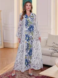 Eid Morocco Muslim Dress Women Floral Print Abaya Dubai Arabic Vestidos Long Kaftan Islamic Clothing Gown Robe 2022 Party Dress
