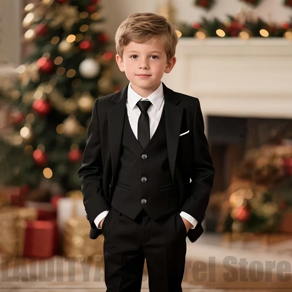 Chic Boys Black Three Piece Suit Fashion Single Breasted Blazer Vest Pants Kids Wedding Birthday Piano Party Formal Outfit