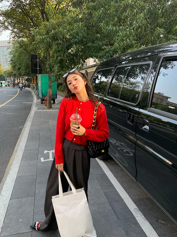 

Red Knitted Sweater Women's 2024 New Twist Design Open Cardigan ort Sle Small Size Friendly Warm Fing Long Sve roun...