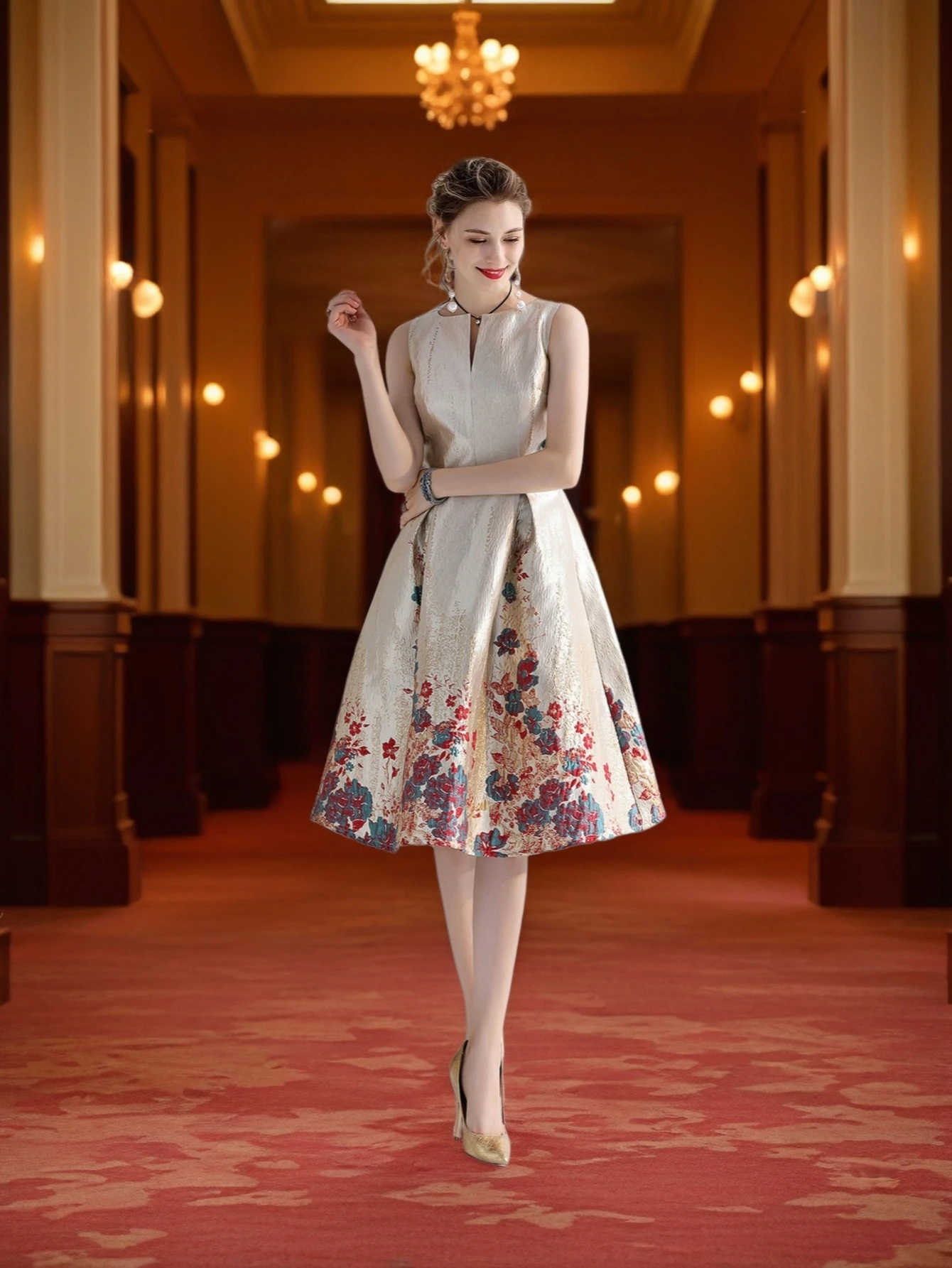 Luxury Women Fashion High Quality Jacquard A Line Ball Gowns Sleeveless Summer Casual Clothing Midi Femme Party Dressses