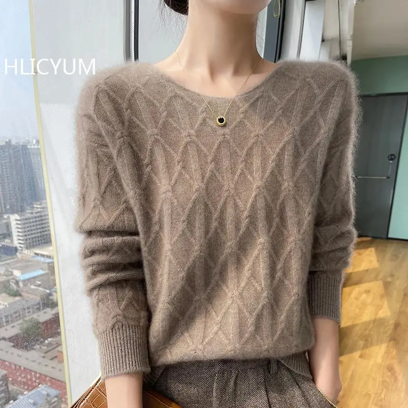 boutique high-end knitted women's 100% Wool sweater round neck Loose pullover long sleeved new Thickened Geometric Jumper Tops