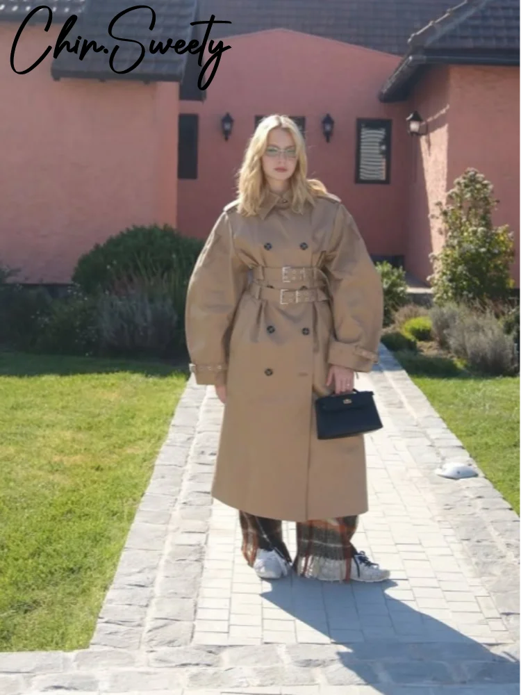 سترة نسائية أنيقة بحزام مزدوج سترة واقية كاكي غير رسمية بأكمام طويلة وزر على شكل طية صدر السترة سترة نسائية لخريف وشتاء 2025 ملابس خروج للسيدات