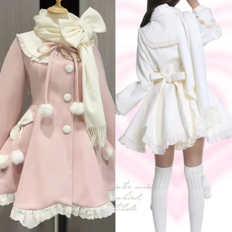 Chic casaco arco vestidos midi vestidos outono inverno cachecol de lã conjunto doce petite feminino roupa de duas peças elegante macio quente em camadas conjunto