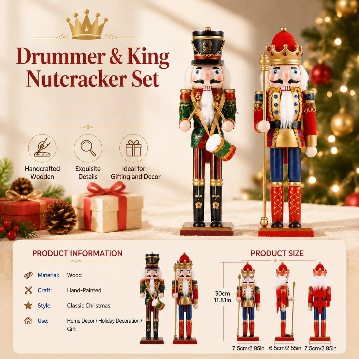 2-teiliges Nussknacker-Soldaten-Puppen-Set, handbemalte Weihnachtsfigur, kreatives Geschenk, Heim-Desktop-Weihnachtsbaum-Feiertagsdekoration – Detail 8