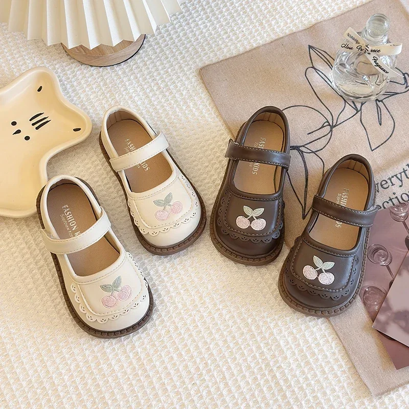 Children Leather Shoes Cherry Beige Brown Cherry Cute Kids Mary Janes Embroidery Daily Cover Toe Spring Toddler Girl's Shoe