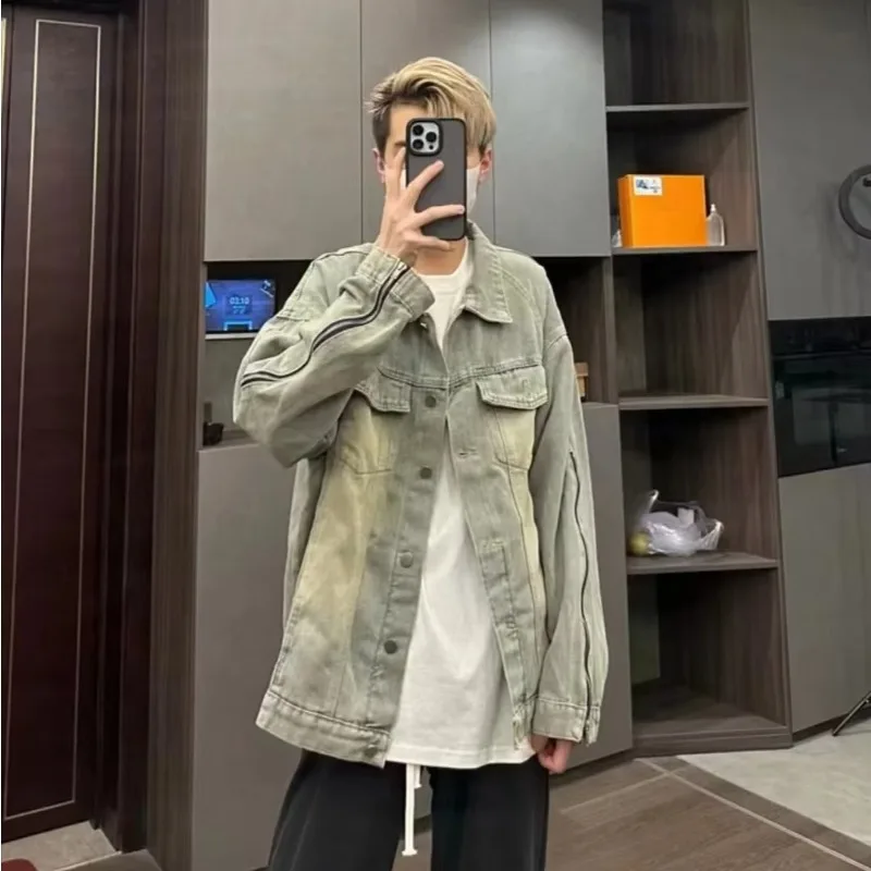 

Мужская джинсовая куртка с воротником на молнии, американская уличная одежда, осенняя одежда, большой размер 250, желтый грязевой винтаж