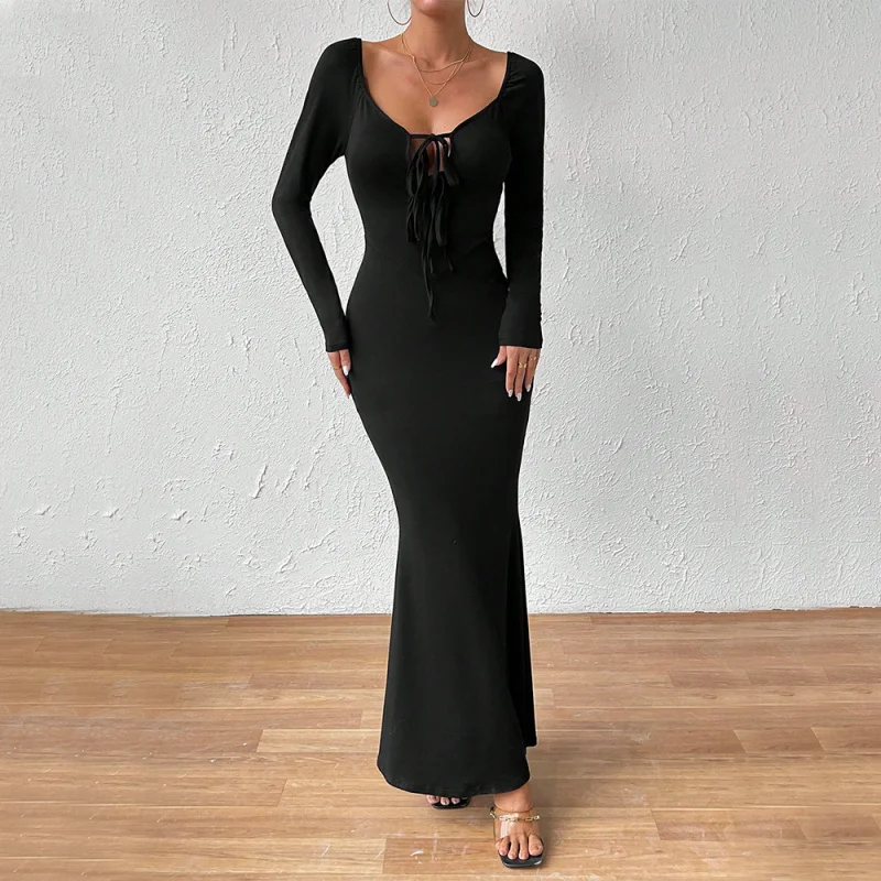 YQ1-مثير وأنيق وربطة صدر أمامية كبيرة الحجم وأكمام طويلة فستان طويل أنيق #3