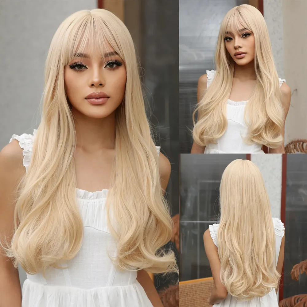 HENRY MARGU Blonde Long Wavy Synthetic Wigs with Bangs Light Blonde Natural Wigs for Women Daily Cosplay Heat Resistant Hair