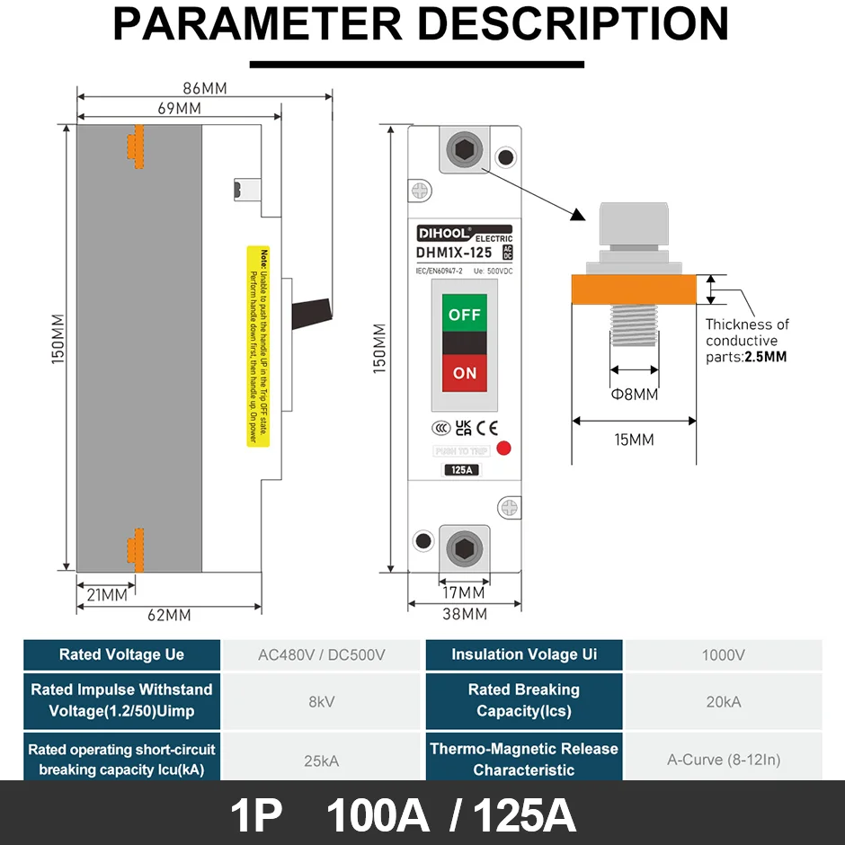 Solar DC/AC MCCB Molded Case Circuit Breaker 500V 25KA 100A/125A/160A/200A/250A For PV Battery System -Main Circuit Breaker