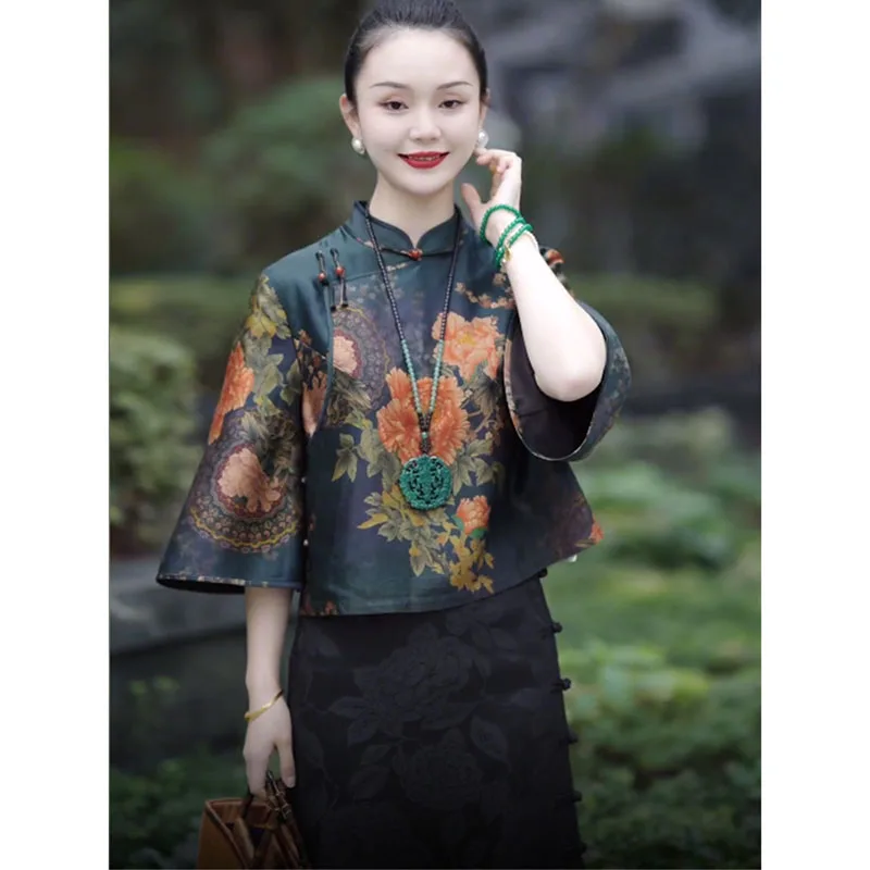 

Женский модный свободный наряд большого размера 4XL, летний женский короткий костюм-рубашка Cheongsam, ретро женский улучшающий комплект из двух предметов Hanfu