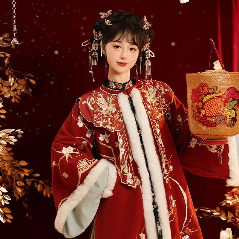 New Winter Adult Female Hanfu Machine Embroidery Toast Clothing Wedding Clothes Fleece Year Suit