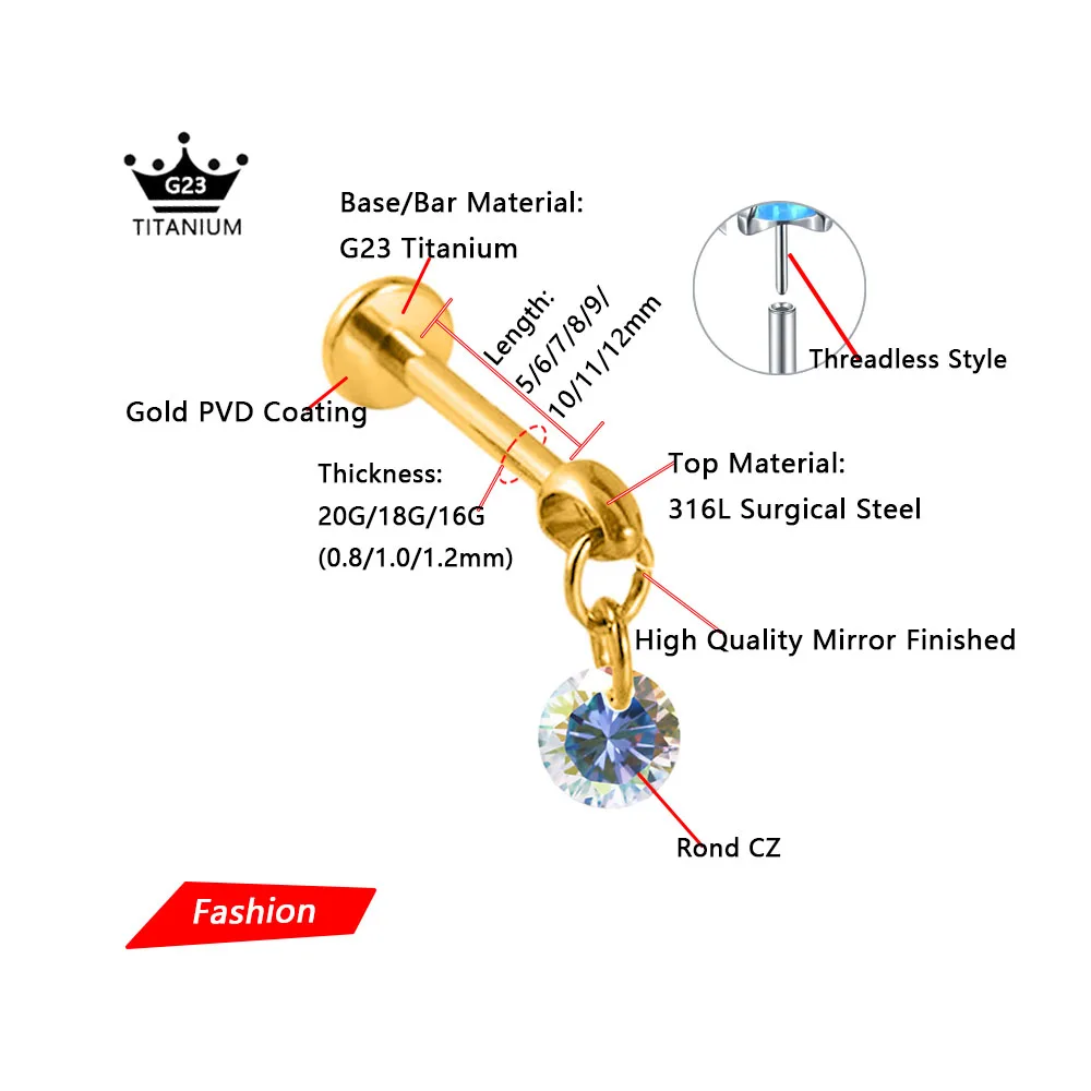 ASTM F136 G23 Titanium Bullet Head Threadless CZ Drop Pendant Pin Push in Lip Stud Drop Daith Conch Earring 16G 18G 20G