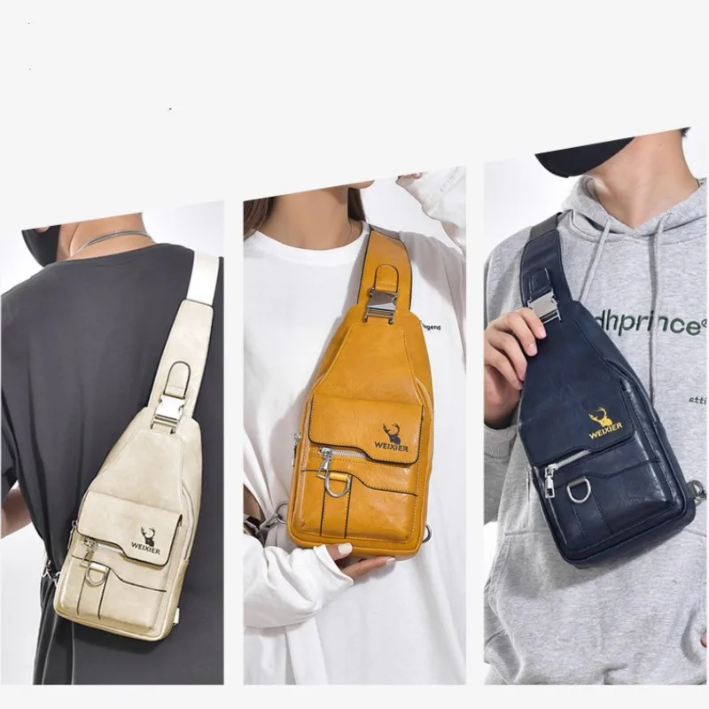 Men Chest Bag PU Leather Belt Sling Chest Pack Crossbody Bags Male Business Messenger Shoulder Bag Couple Chest Bag Gift for Men