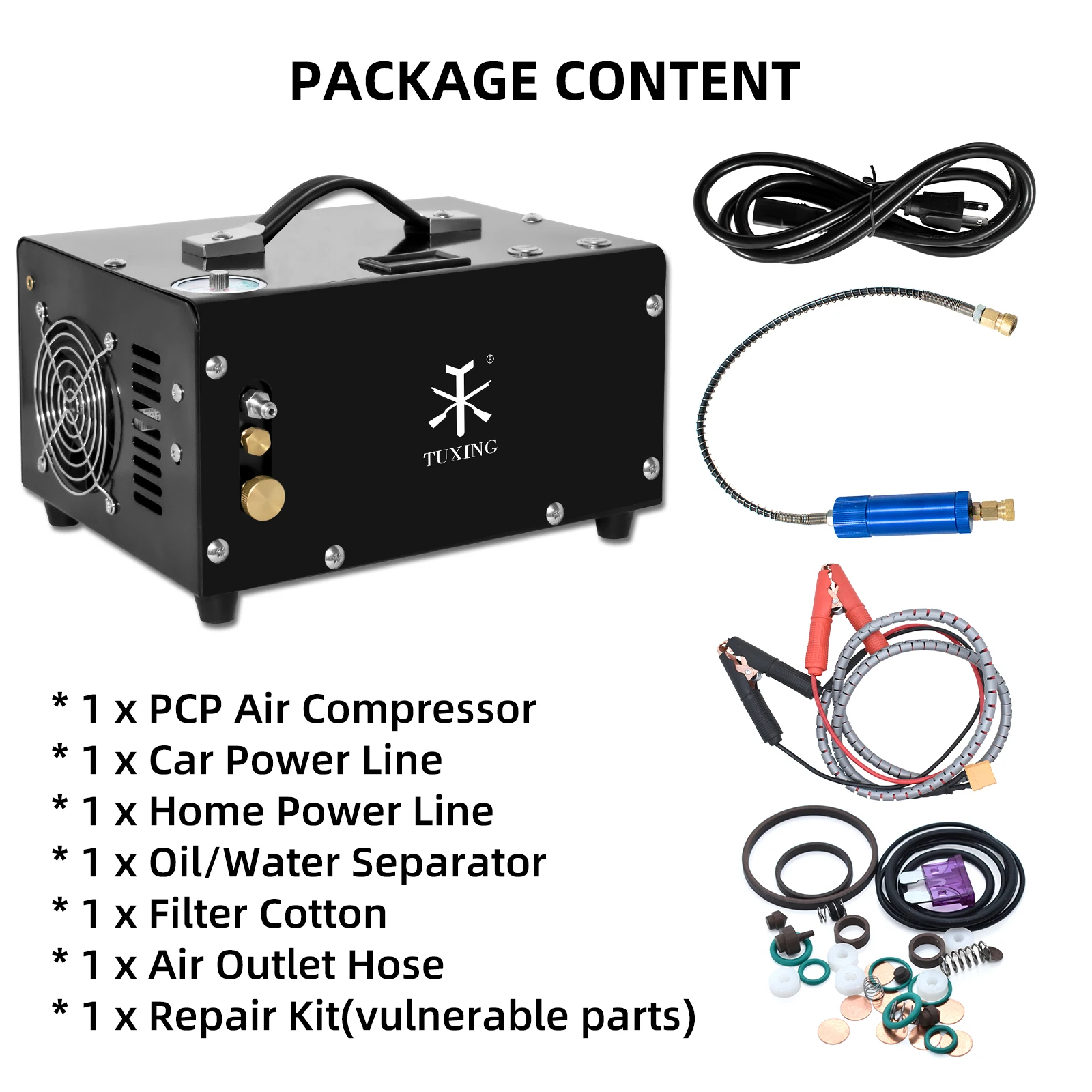 TUXING TXET061 300Bar 4500Psi PCP Air Compressor High Pressure Inflator Built-in Drain System Compressor for PCP Air Rifle