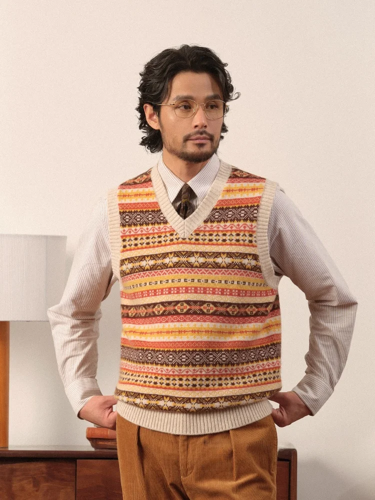 

Многослойный вязаный весенний костюм из чистой шерсти, жилет, мужской свитер Fair Isle, верхняя одежда, повседневный деловой повседневный жилет с v-образным вырезом