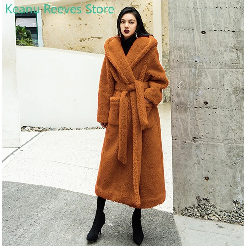 New Women Fur Coat 2025 Autumn Winter Hooded Lace Up Imitation Fur Jacket All Match Thickened Loose Long Faux Fur Overcoat