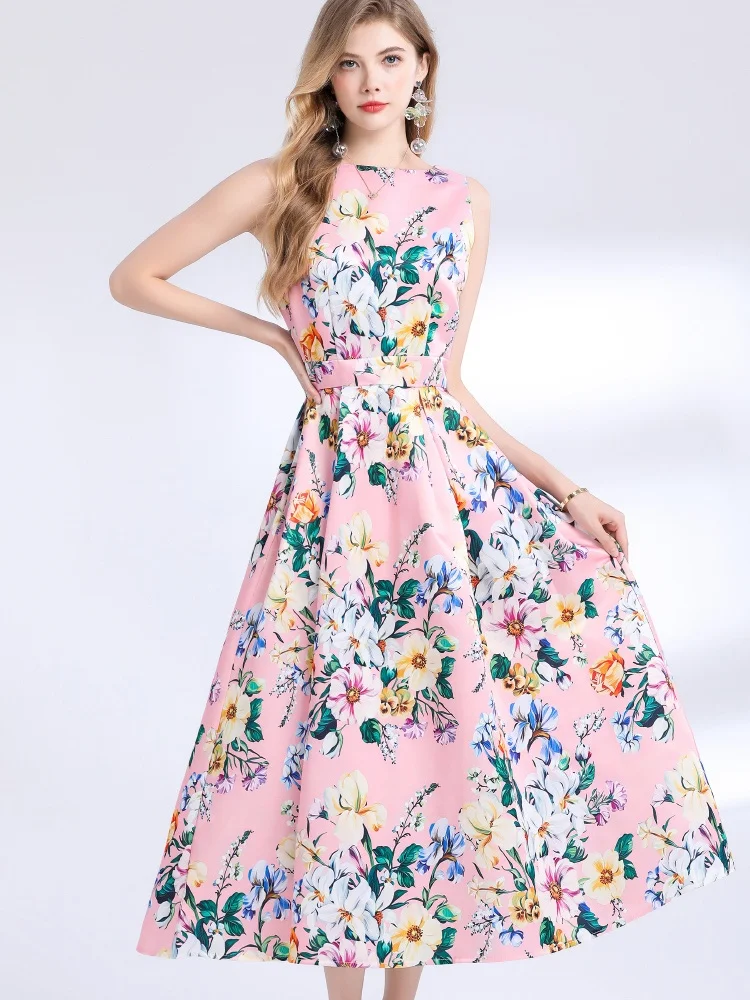 New Fashion Retro Elegant Sleeveless Print Long Dress A-line Casual High Waist Women Summer Pleated Runway Dresses