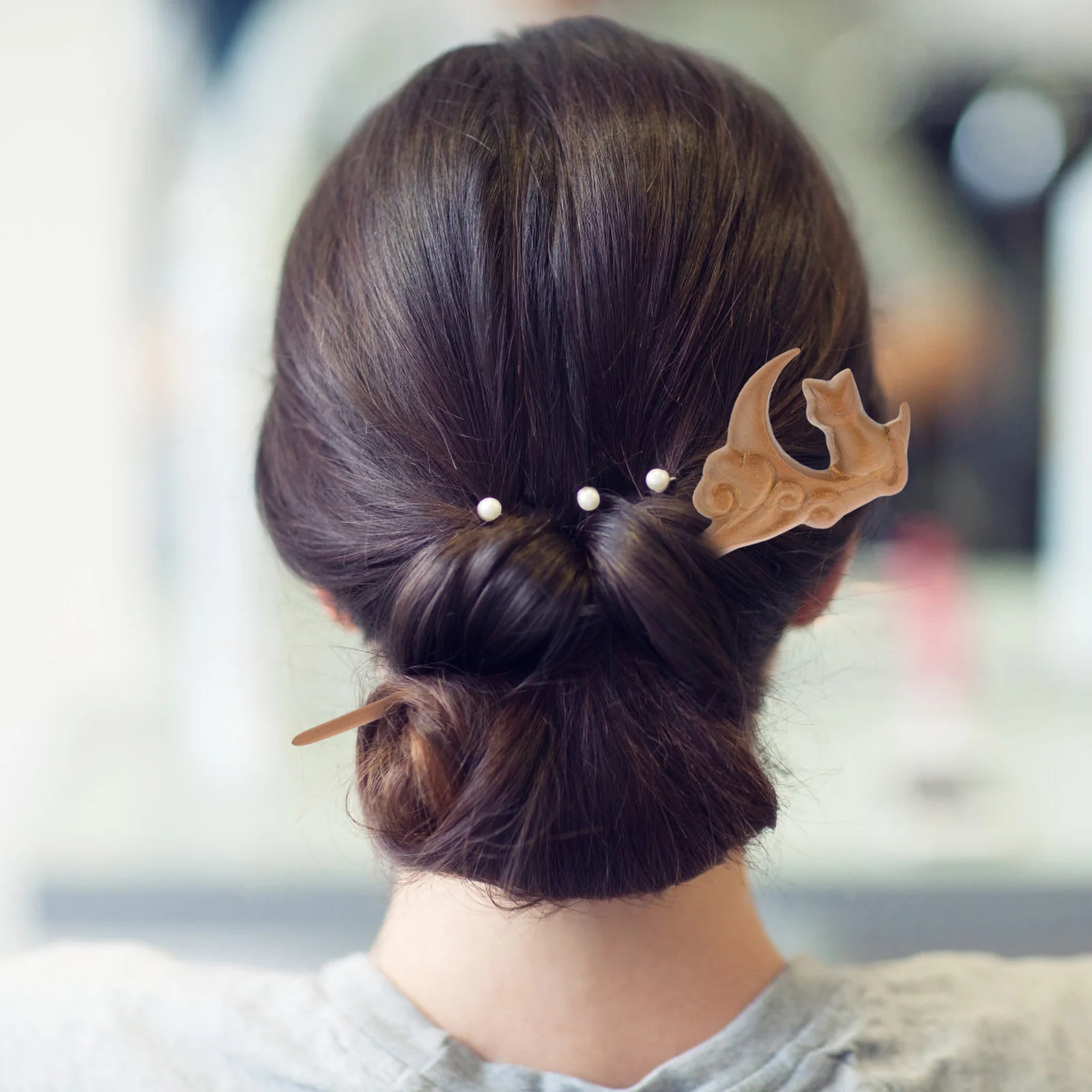 

Элегантная деревянная заколка для волос с лунным котом, гладкая тонкая палочка для волос для женщин, держатели для булочек, модные китайские аксессуары для волос, подарок