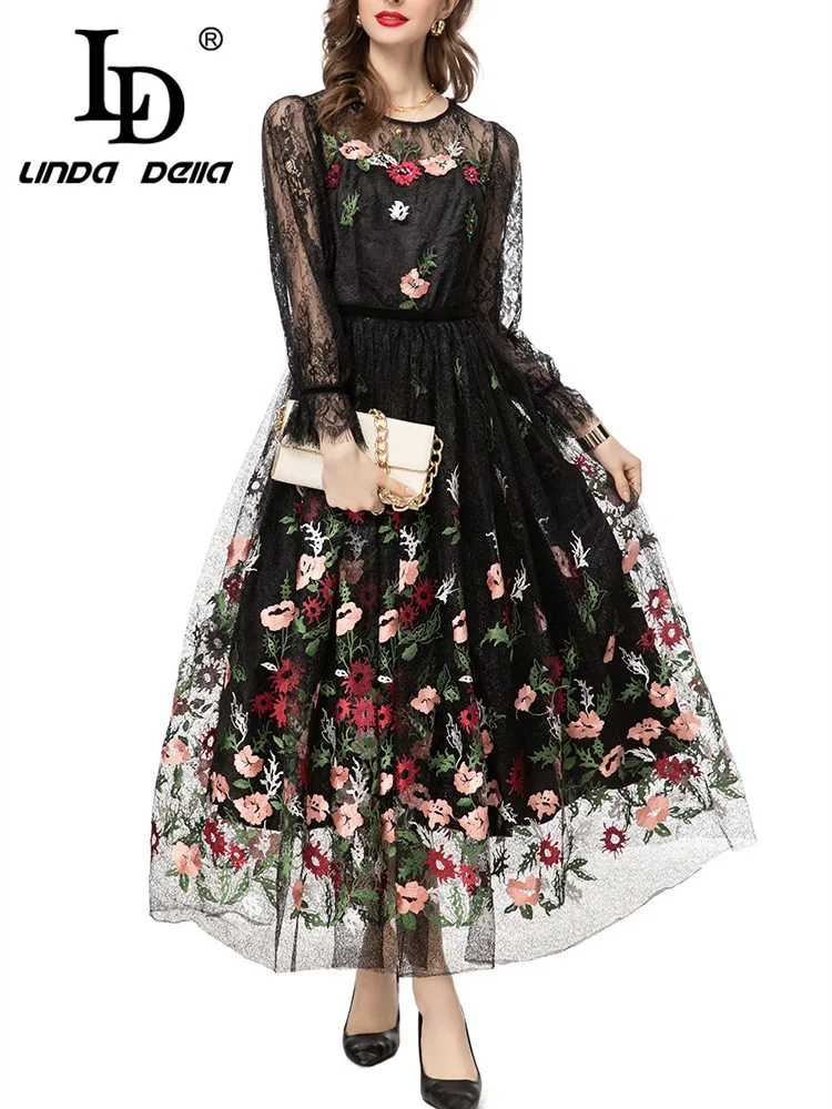 

LD LINDA DELLA Fashion Runway Dress Women's Black Splice Transparent Long Sleeve Embossed hollow Nail Bead Lace Long Dress