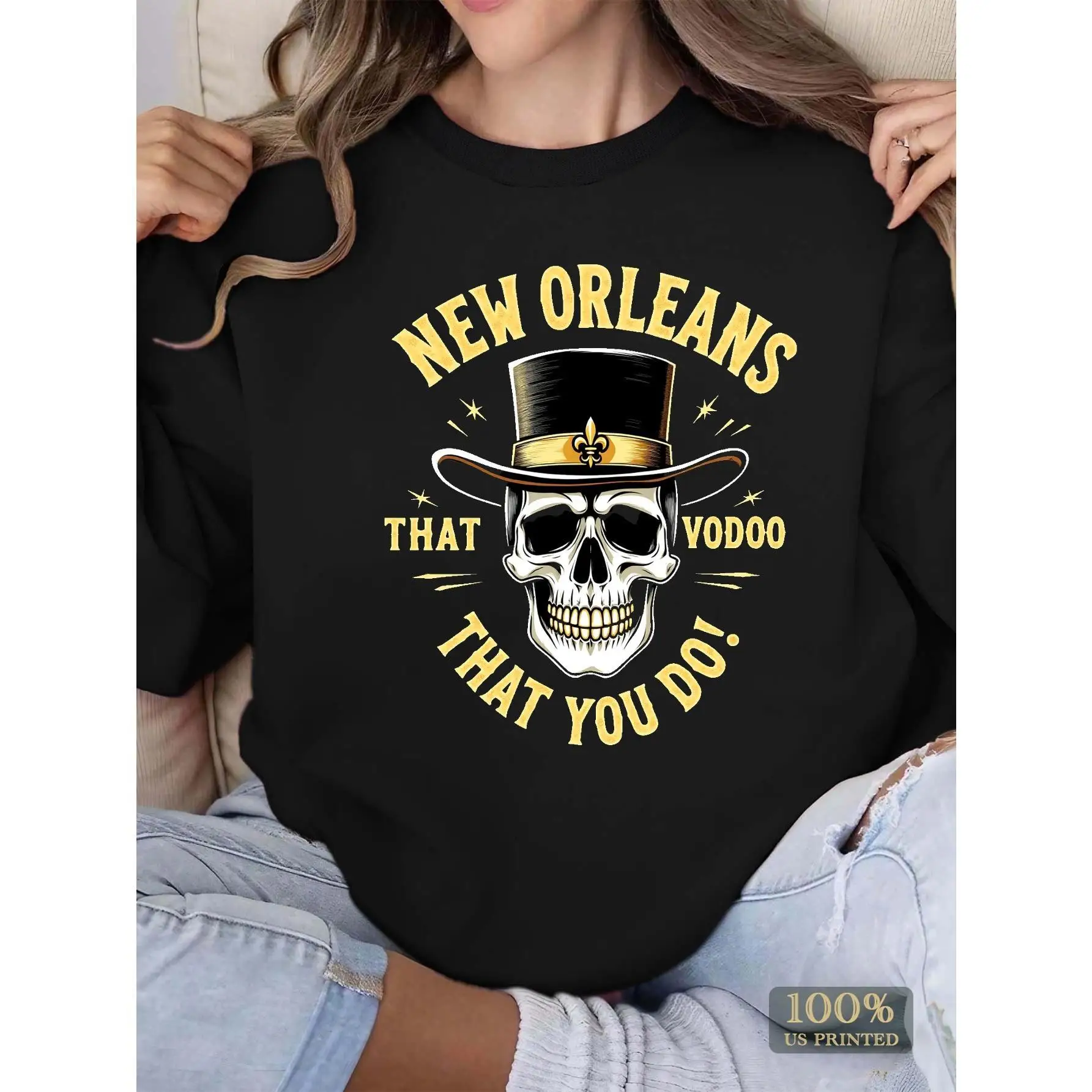 

New Orleans Voodoo Crewneck Sweatshirt, Unisex Skull Graphic Pullover, Mardi Gras Party Shirt for Women, Louisiana Tourist Gift