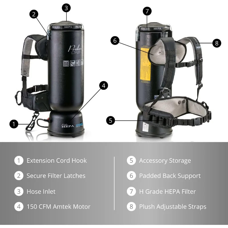 Prolux 10 Quart Commercial Backpack Vacuum with Premium 1.5-Inch Attachments, HEPA Air Filtration, Deep Cleaning