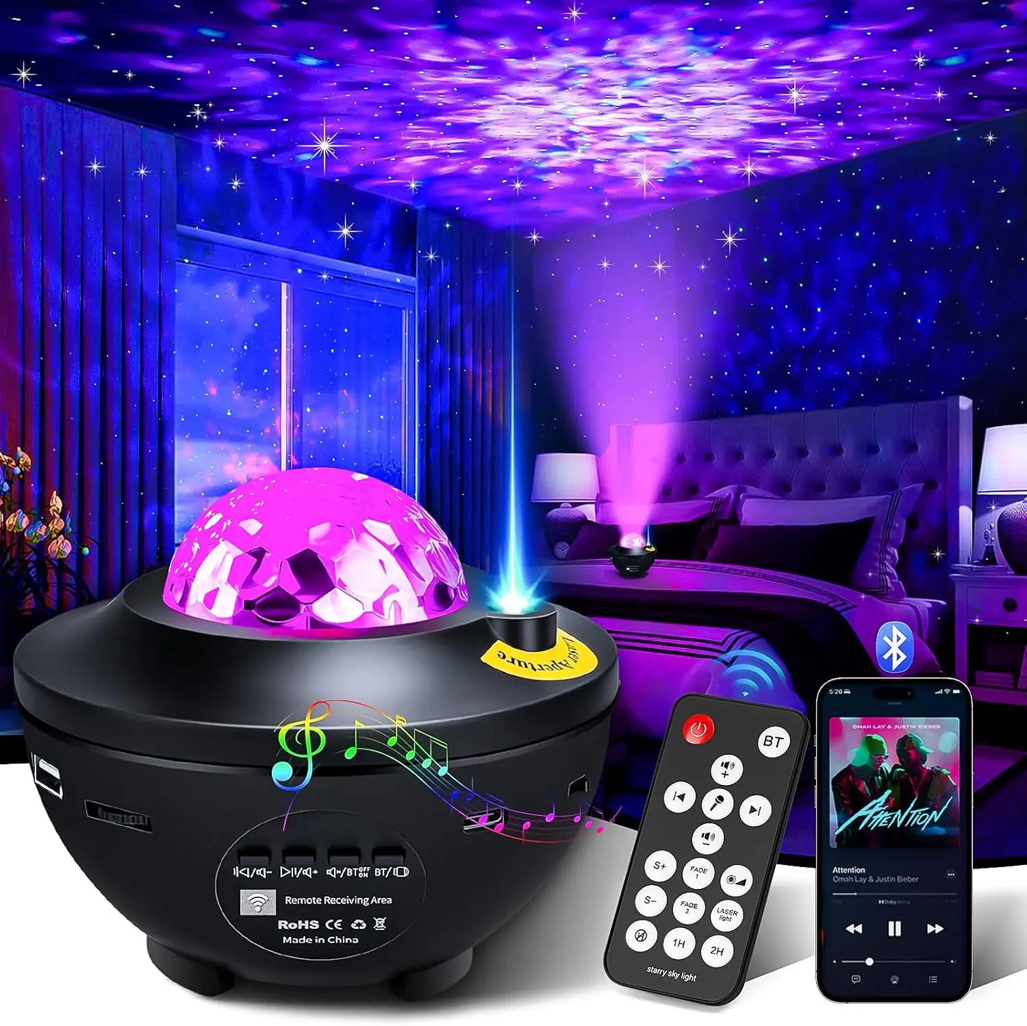 Lámpara de proyección de cielo estrellado con altavoz Bluetooth, mini proyector, luz ondulada de agua plana en forma de cuenco pequeña y láser estrellado