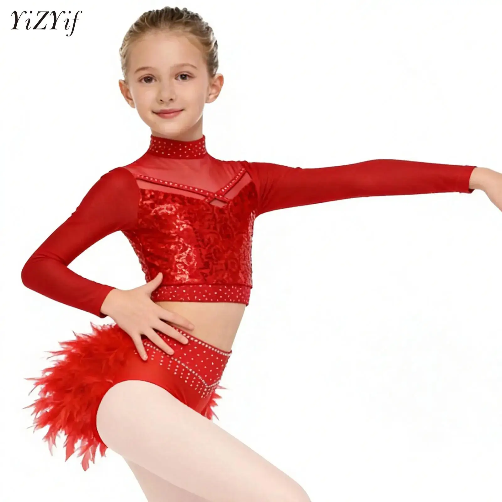 

Kids Girls Jazz Dance Performance Outfit Shiny Sequins Crop Top with Feather Latin Dance Bottoms for Ballet Modern Gymnastics
