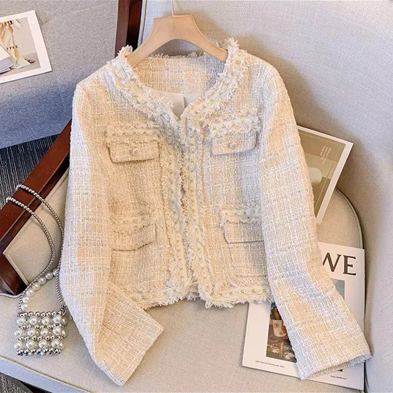 Pearl Round Neck Sweet Small Fragrance Coat Female New Autumn Winter Korea Chic Loose Slim White Tweed Short Jacket Women 1689