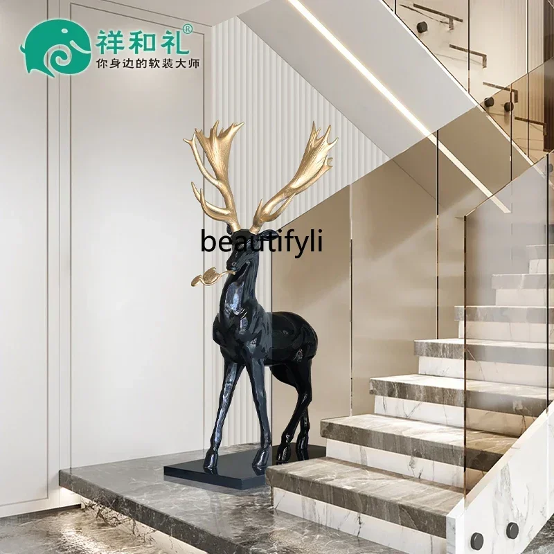 

Model room living room entrance decoration sika deer ornament large floor-to-ceiling sculpture hotel lobby staircase artwork