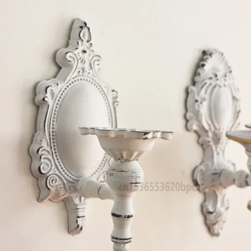 

B European Style Iron Wall Candle Holders Handcrafted White Retro Creative Candlestick Metal home Wall Decorative Candle Holder