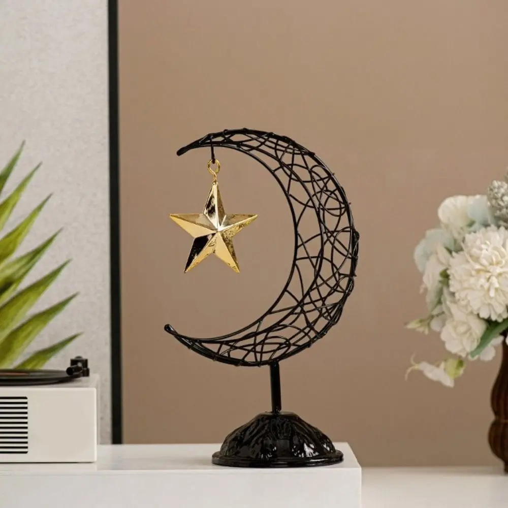 Ornement Lune et Étoile Style Moyen-Orient, Design Creux en Fer, Figurine de Présentation Ramadan, Décorations Festives Lune Noires/Dorées pour Chambres