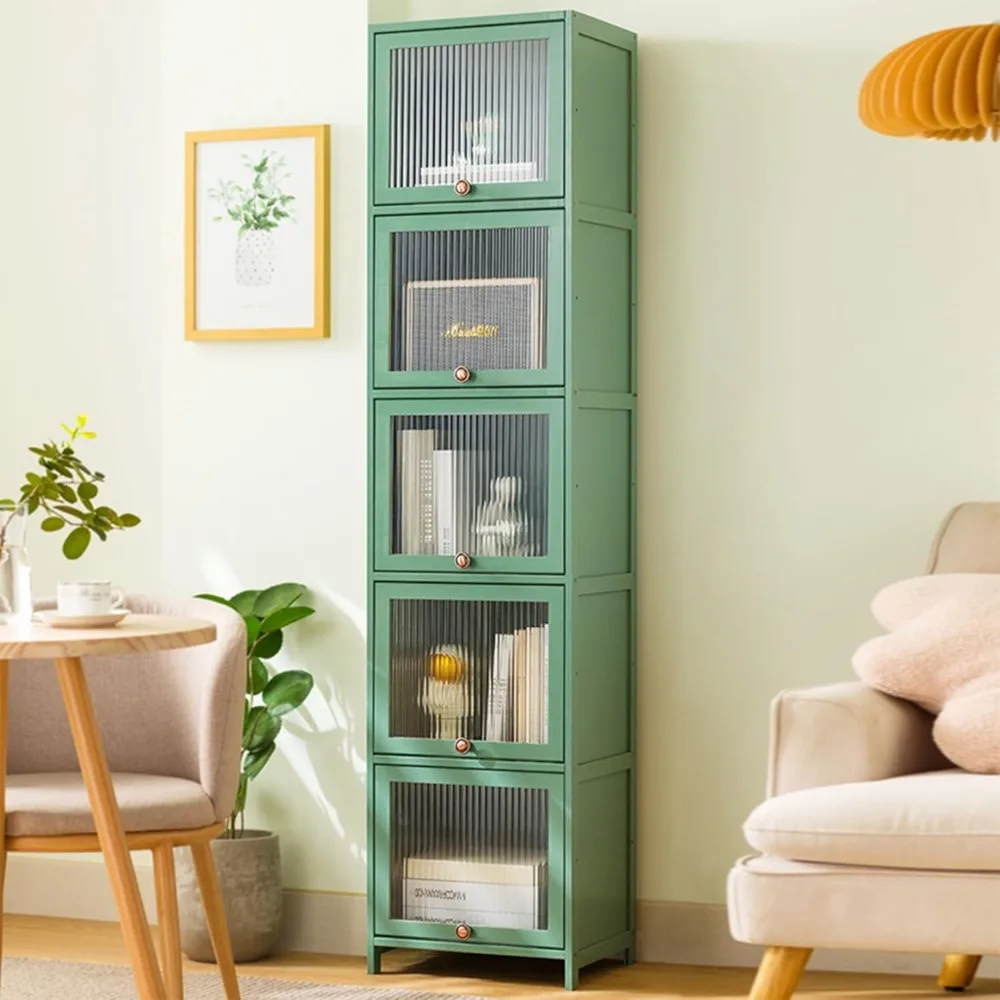 

Bookcase with Clear Doors, 5-Tier Tall Bookshelf with Storage Cabinet, Bamboo Book Shelf and 5 Cube Organizer Book case for Livi