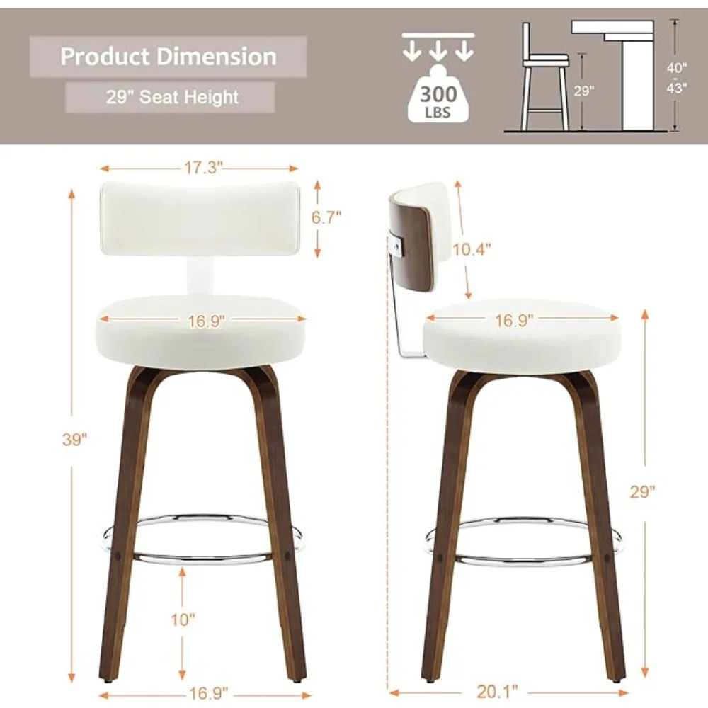 Taburetes de Bar con respaldo y asiento redondo, Juego de 4 taburetes giratorios modernos, tapizados de cuero PU, sillas de Bar, 29 pulgadas