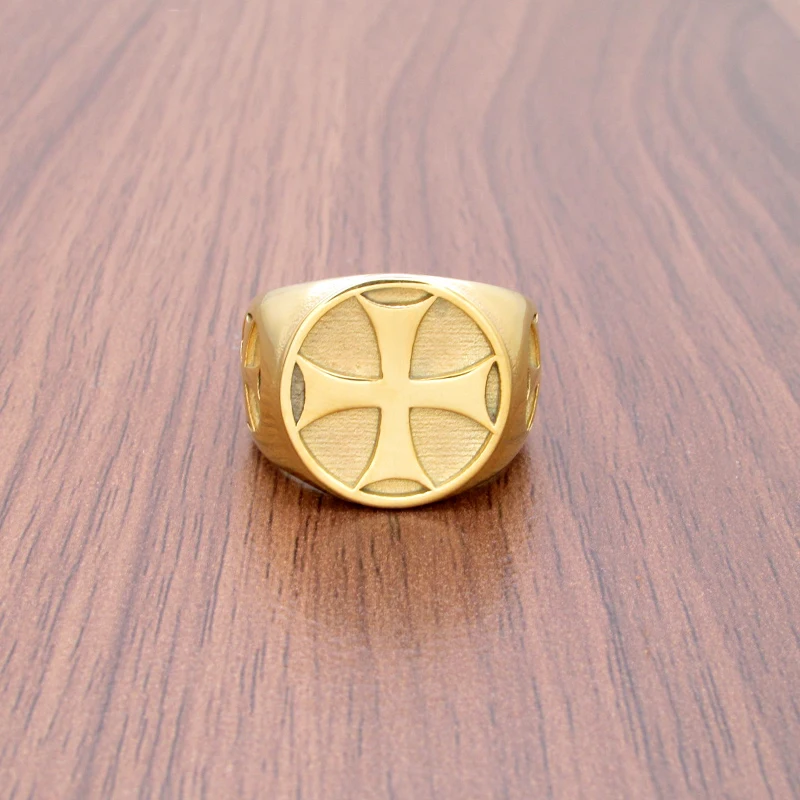 Punk 316L Stainless Steel Gold Plated Iron Double Cross Knight Templar Ring For Gift