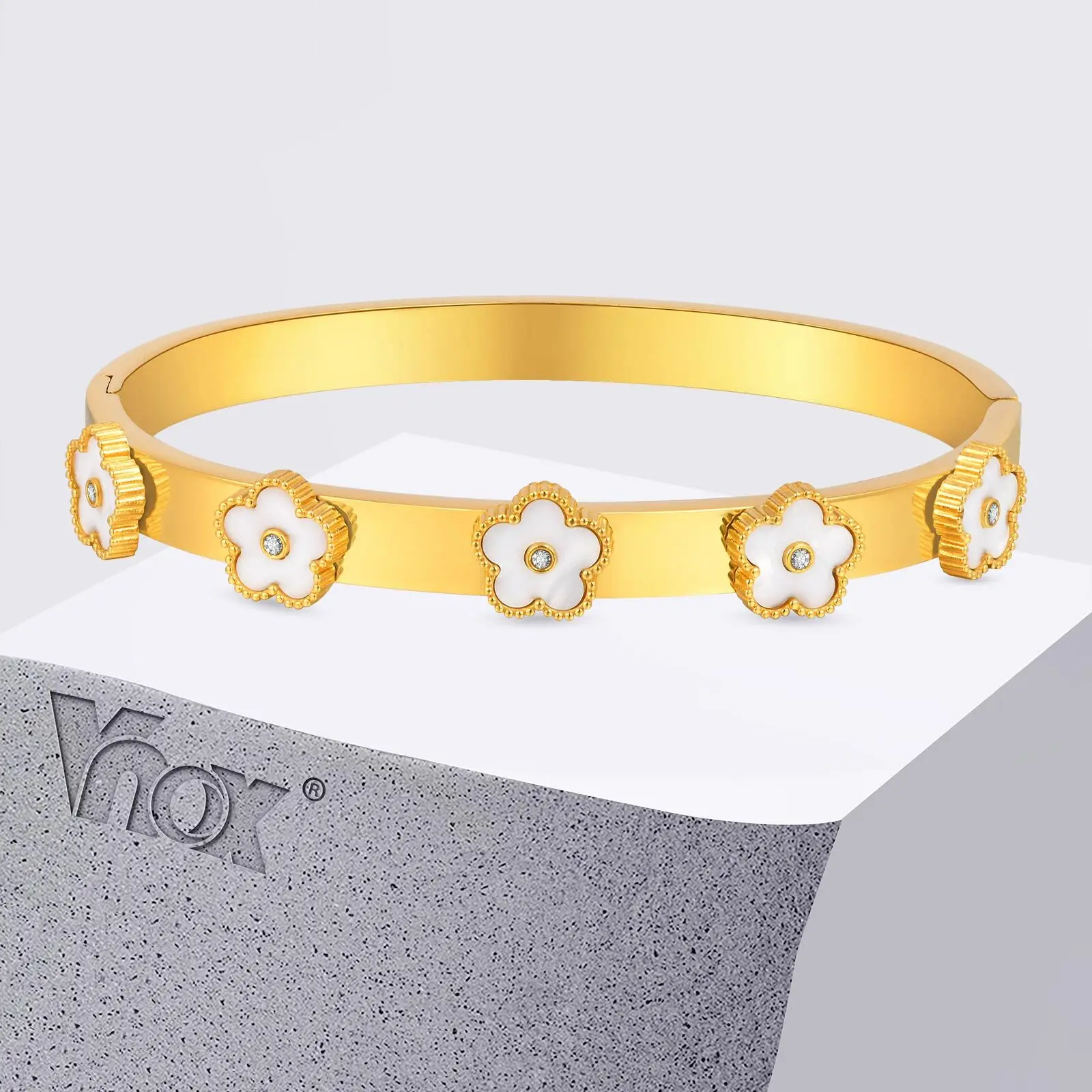 Vnox Women Classic Gold Plated Bangles With Pretty Shell Flowers Stainless Steel Bracelet Luxury Hand Jewelry Waterproof
