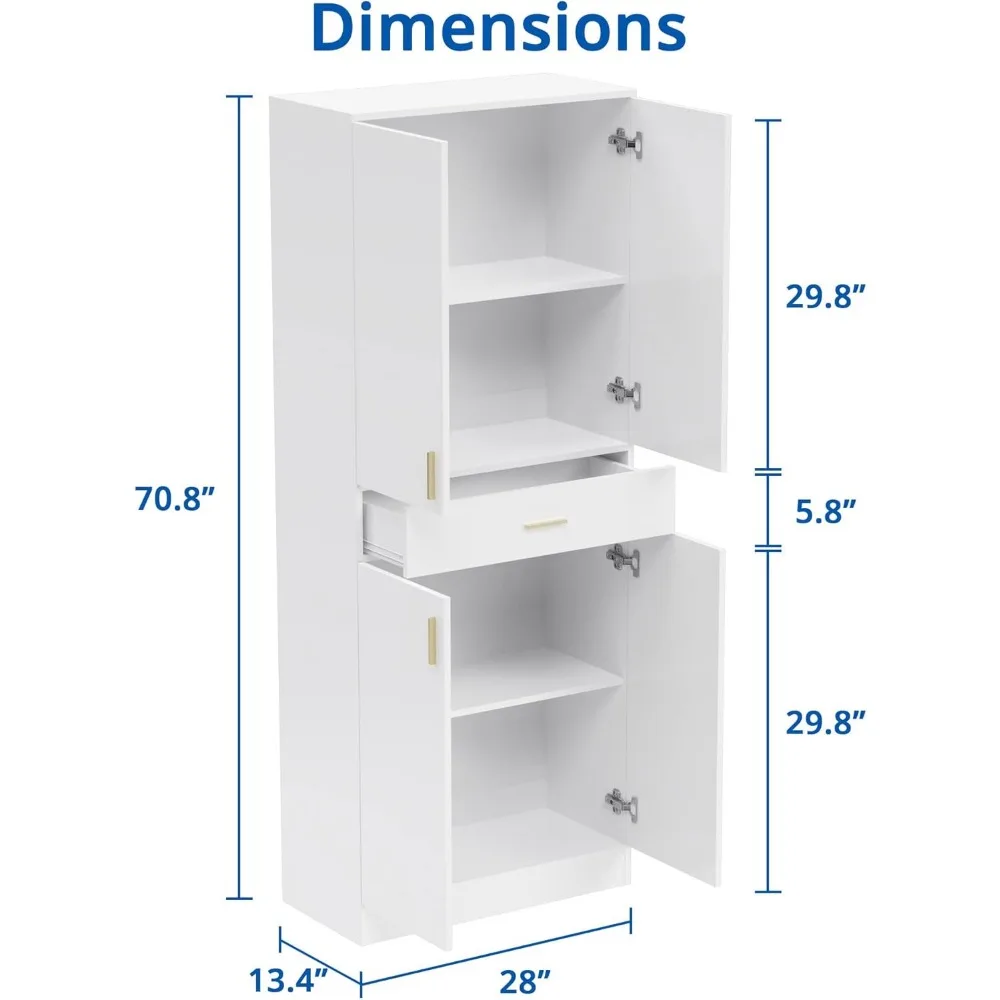 Kitchen Pantry Storage Cabinet 71 Inch High 4 Doors Wooden Freestanding Cabinet with Sliding Drawers and 2 Adjustable Shelves