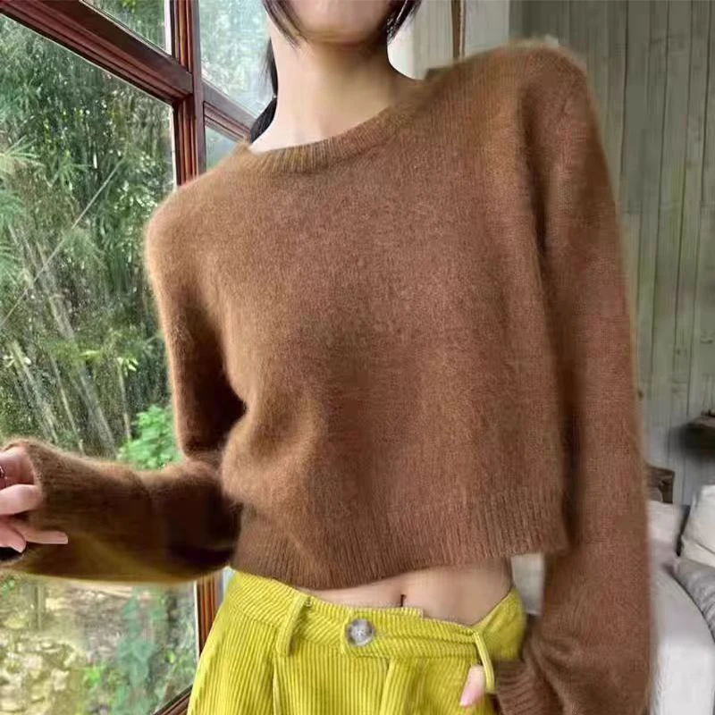 

Classic Wool Sweater Autumn Winter Women's Fashion Short Knitted Pullover O-neck Long Sleeves Knitwear Warm Solid Color Tops