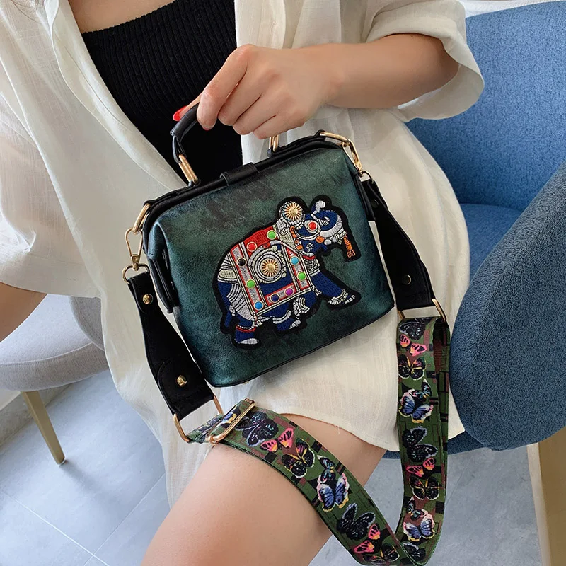 Vintage Embroidery Elephant Bag Bags Wide Butterfly Strap PU Leather Women Shoulder Crossbody Bag Tote Women\'s Handbags Purses