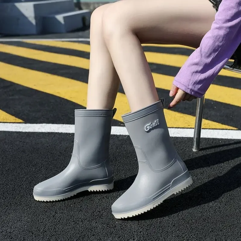 

Women's Korean Style Rain Boots Stylish Anti Slip Mid Calf Soft Sole Long Rain Boots for Outdoor Fashion Wear