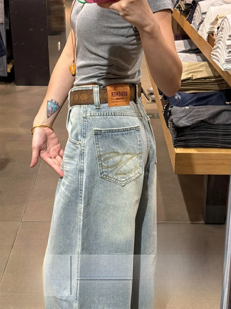 

Синие джинсы с широкими штанинами и вышивкой, прямые джинсы с высокой талией, большой размер, дизайн для женщин, осень-зима, новинка ...