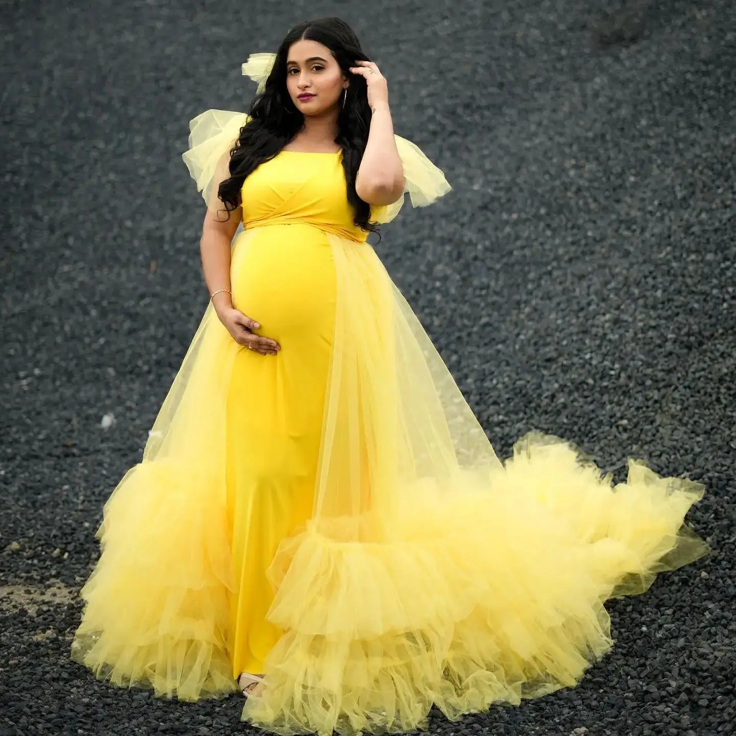 Pretty Yellow Maternity Dresses for Women A line Pregnancy Prom Dresses with Lining Photo Shoot Babyshower Plus Size